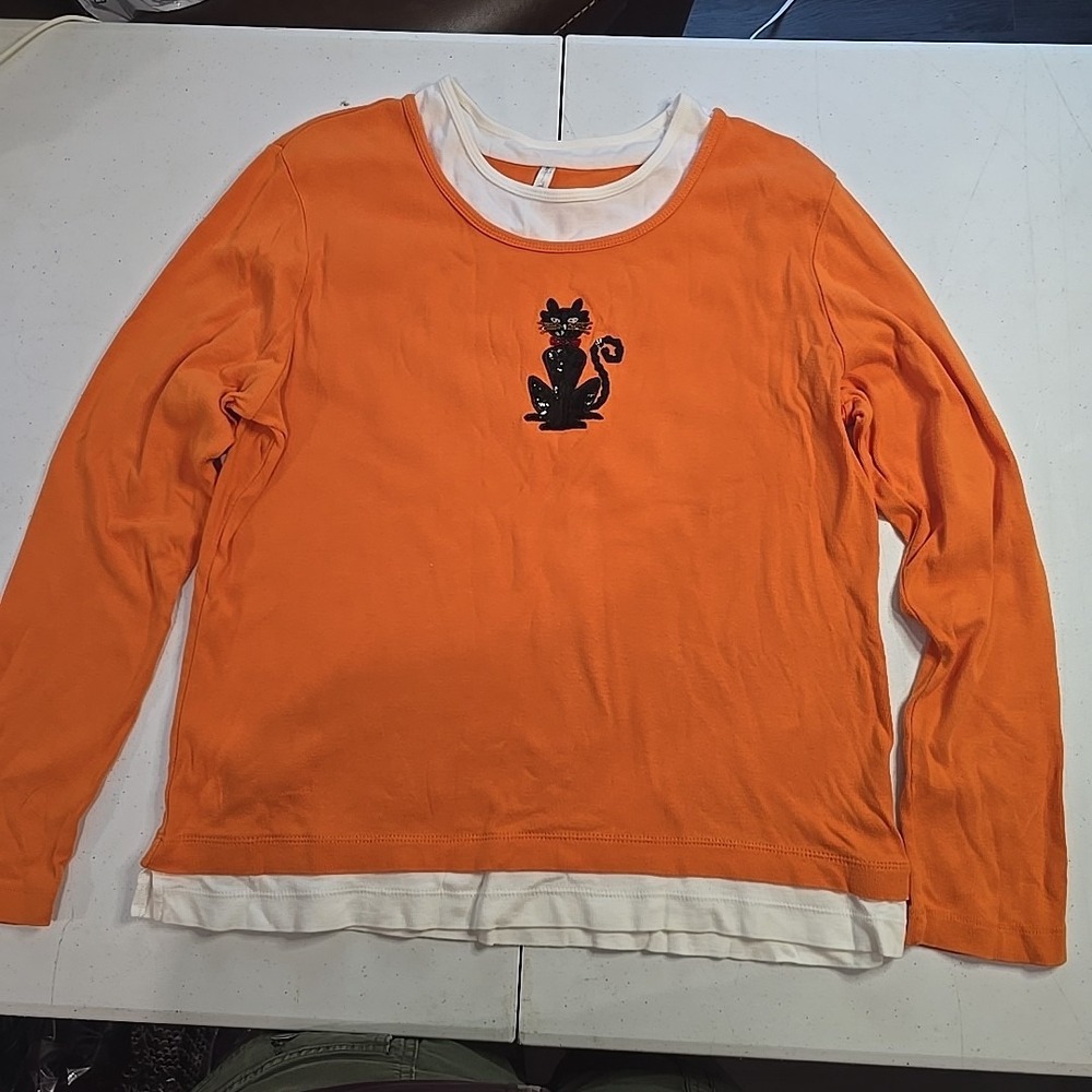 Vintage White Stag Halloween Black Cat‎ Women's Orange Top Large L Sequin Detail